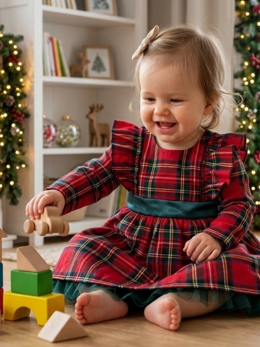 Red Plaid Girls' Formal Dress with Green Satin Sash
